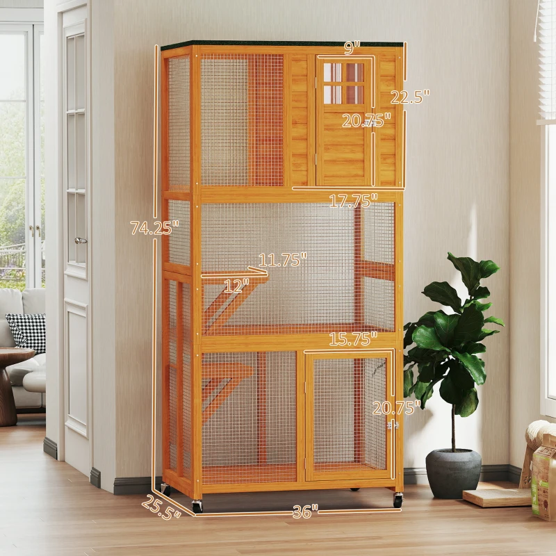 PawHut 74" Wooden Outdoor Cat House Catio Outdoor Cat Enclosure, Orange