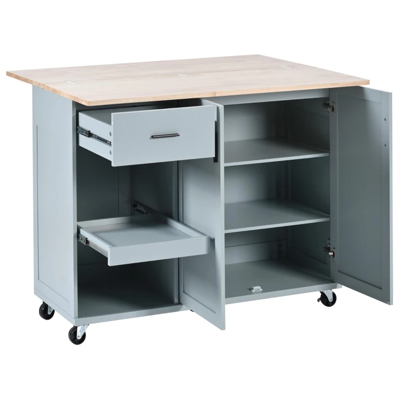 Kitchen Island Cart with Foldable Countertop, Adjustable Shelves, Towel Rack, Drawer, and Lockable Wheels, 49" L x 33.2" W x 37.5" H, Gray+Blue