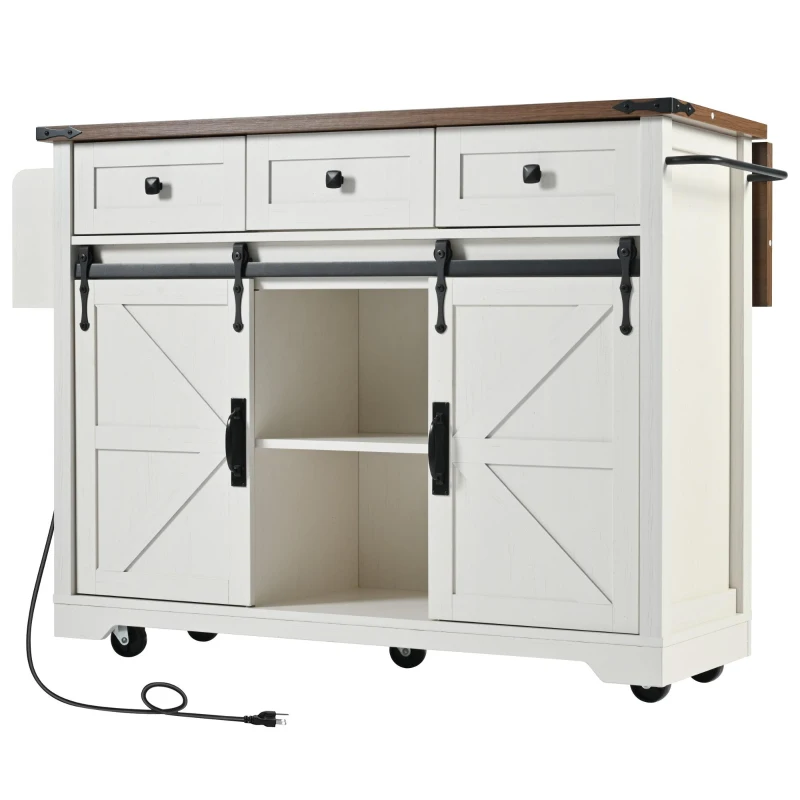 Farmhouse Kitchen Island with 2 Sliding Barn Doors, Power Outlet, Drop Leaf, Spice Rack, Rolling Cart on Wheels, 54" L x 29" W x 37" H, White