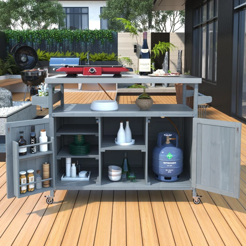 Outdoor Kitchen Island with Spice and Towel Rack, Lockable Wheels, Rolling Bar Cart with Stainless Steel Top, 50" L x 18.5" W x 36.5" H, Slate Blue