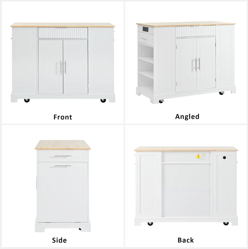 Fluted Kitchen Island with Trash Can Storage, Power Outlet, Internal Rack, Rolling Cart on 5 Wheels with 3 Drawers, 3 Open Side Racks, White