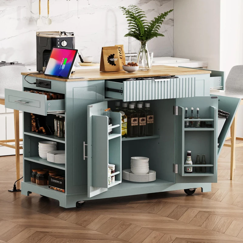 Fluted Kitchen Island with Trash Can Storage, Power Outlet, Adjustable Shelves, 3 Drawers, 3 Side Racks, 48.5" L x 20.5" W x 36.5" H, Gray+Blue