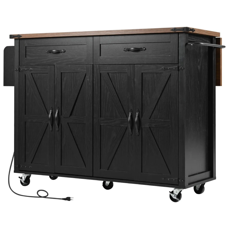 Farmhouse Kitchen Island with Storage Drawers, Power Outlet, Drop Leaf, Spice Rack, Rolling Cart on Wheels, 53.5" L x 29" W x 36.5" H, Black