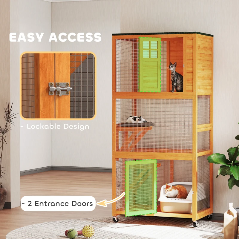 PawHut 74" Wooden Outdoor Cat House Weatherproof & Wheeled with High Weight Capacity, Kitten Cage Condo, Orange