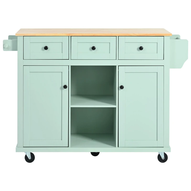 Kitchen Island Cart with 3 Drawers, 5 Wheels, Rubber Wood Drop-Leaf Countertop, Storage Cabinet, 53" L x 29.5" W x 37" H, Mint Green