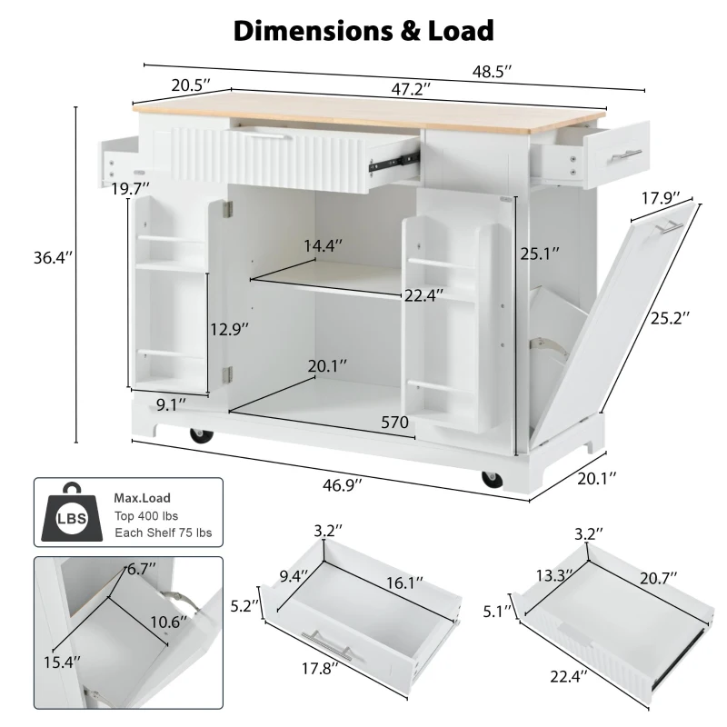 Fluted Kitchen Island with Trash Can Storage, Power Outlet, Internal Rack, Rolling Cart on 5 Wheels with 3 Drawers, 3 Open Side Racks, White