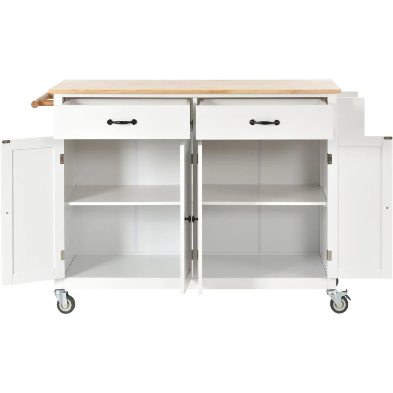 Kitchen Island Cart with 4-Door Cabinet, 2 Drawers, Solid Wood Top, Spice and Towel Racks, Locking Wheels, 54.5" L x 18.5" W x 36" H, White