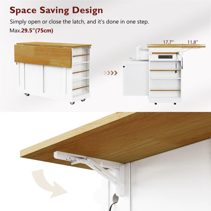 Kitchen Island with 2 Bar Stools, Power Outlet, Internal Rack, 5 Wheels, Drop Leaf, 2 Drawers, Adjustable Shelves, 48" L x 29.5" W x 37" H, White