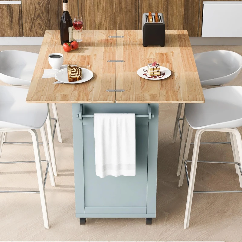 Kitchen Island Cart with Foldable Countertop, Adjustable Shelves, Towel Rack, Drawer, and Lockable Wheels, 49" L x 33.2" W x 37.5" H, Gray+Blue