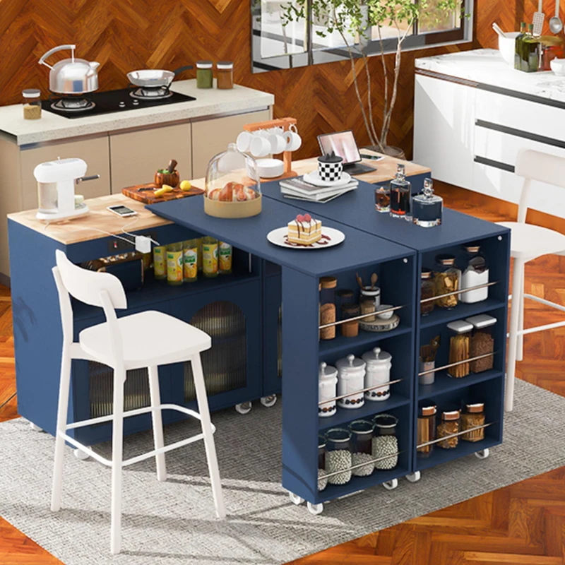 LED Kitchen Island with Extended Table, Power Outlets, Storage Shelves, Utility Cart with Fluted Glass Doors, 56.5" L x 33" W x 38" H, Navy Blue