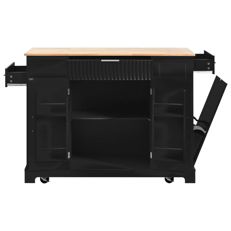 Fluted Kitchen Island with Trash Can Storage, Power Outlet, Internal Storage Rack, Rolling Design with 3 Drawers and Adjustable Shelves, Black