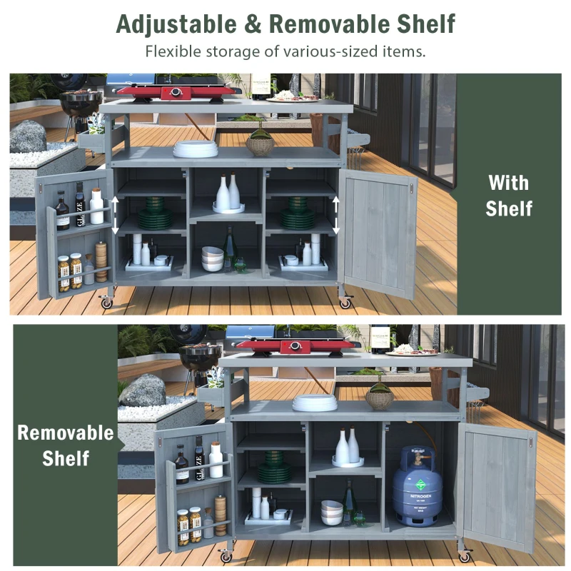 Outdoor Kitchen Island with Spice and Towel Rack, Lockable Wheels, Rolling Bar Cart with Stainless Steel Top, 50" L x 18.5" W x 36.5" H, Slate Blue