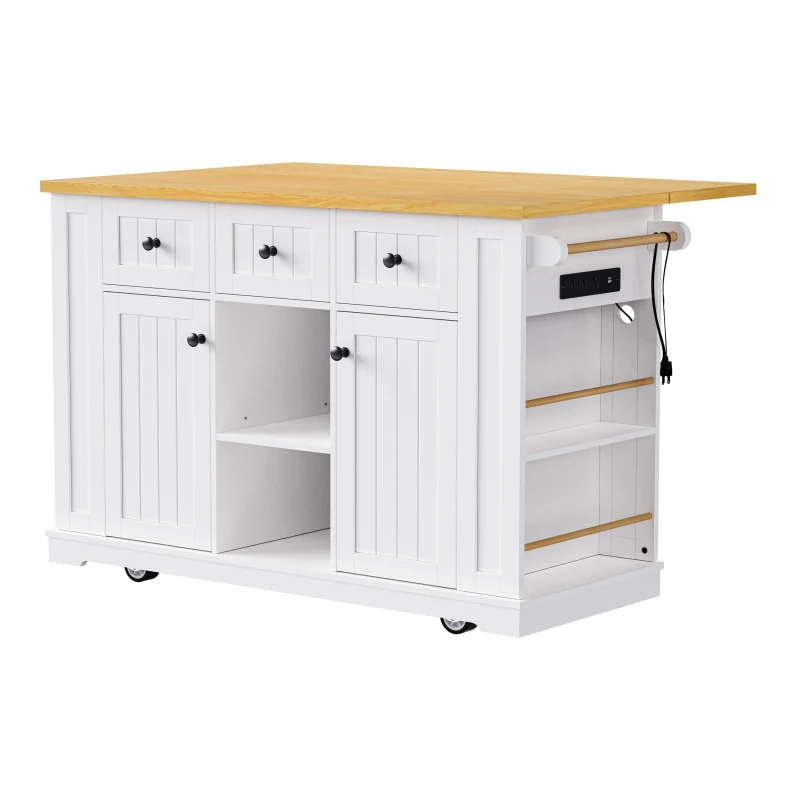 5-Wheel Kitchen Island Set with 2 Bar Stools, Shelves and Drawers, Power Outlet, Internal Rack, Utility Island with Drop Leaf, Bamboo Sticks, White