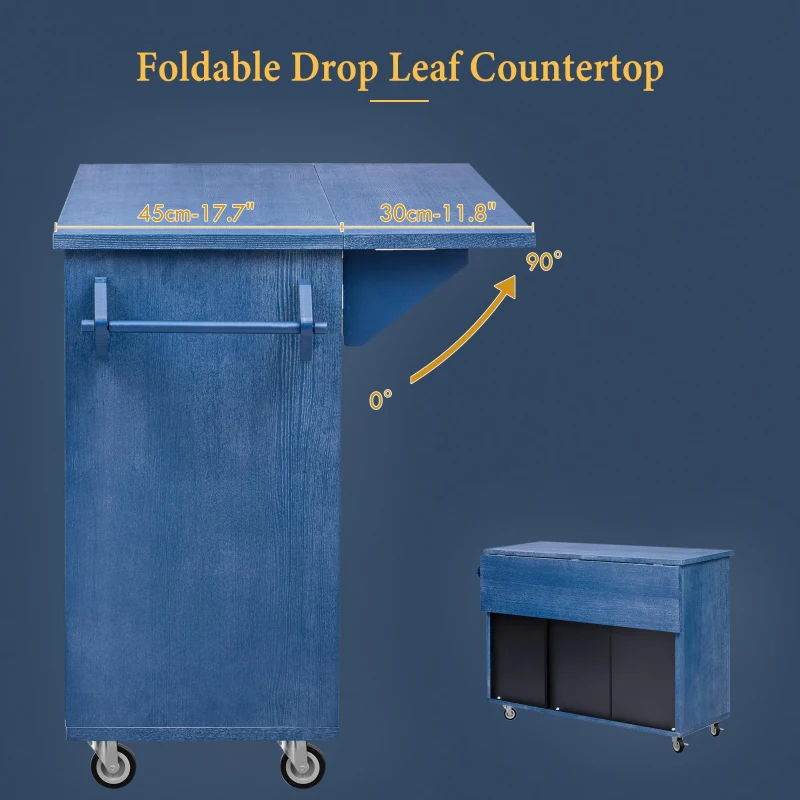 Farmhouse Kitchen Island with Drop Leaf, Rolling Cart on Wheels, 3D Wave Stripes Ash Veneer, Internal Rack, Adjustable Shelves, Navy Blue