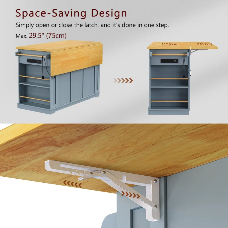 Kitchen Island with 2 Bar Stools, Power Outlet, Internal Racks, 5 Wheels, Drop Leaf, Adjustable Shelves, 53" L x 29.5" W x 36.5" H, Gray+Blue