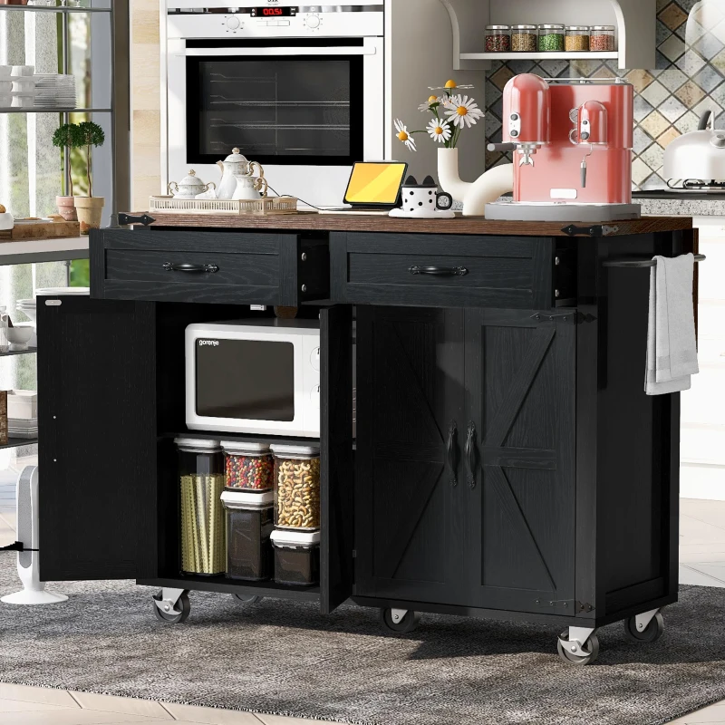 Farmhouse Kitchen Island with Storage Drawers, Power Outlet, Drop Leaf, Spice Rack, Rolling Cart on Wheels, 53.5" L x 29" W x 36.5" H, Black