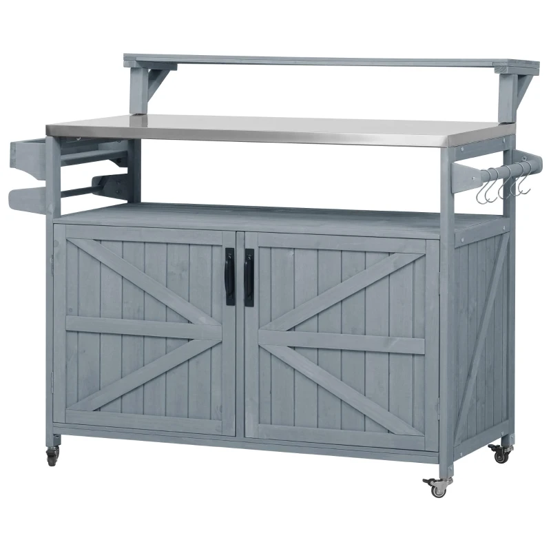 Outdoor Kitchen Island with Raised Shelf, Storage Cabinet, Stainless Steel Top, Rolling Grill Cart with Adjustable Shelves, Spice Rack, Grey+Blue