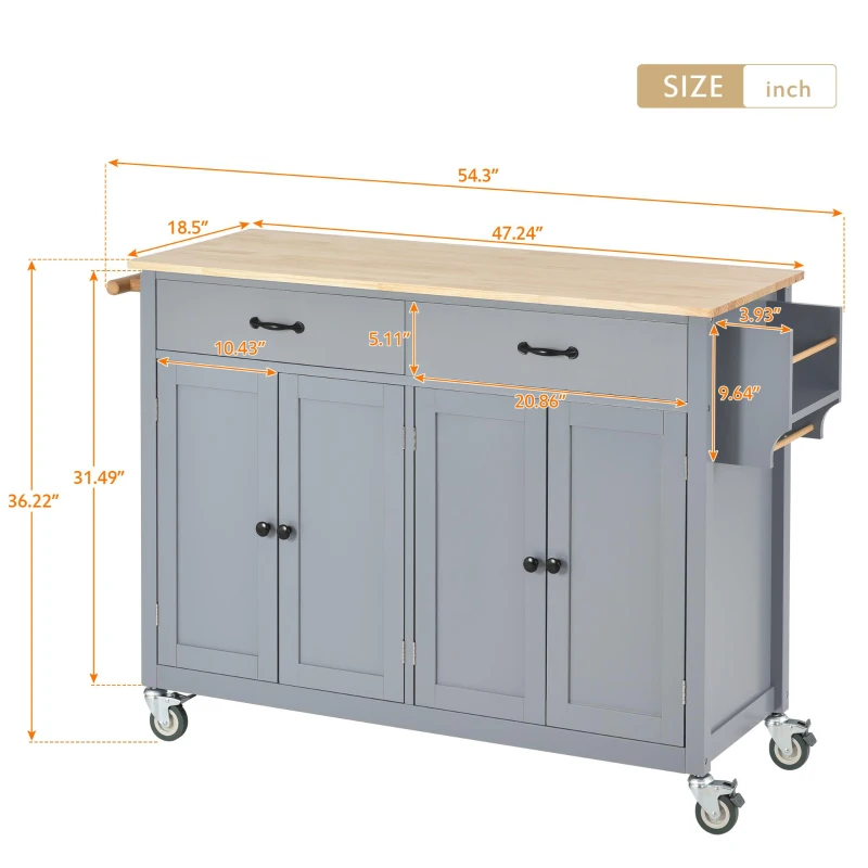 Kitchen Island Cart with 4-Door Cabinet, 2 Drawers, Solid Wood Top, Locking Wheels, Spice and Towel Racks, 54.5" L x 18.5" W x 36" H, Blue