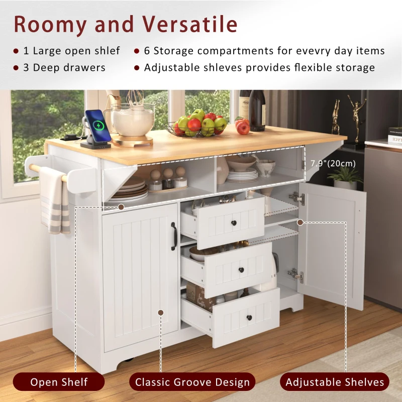 Kitchen Island Cart with Dual Drop Leaf, Power Outlet, Adjustable Shelves, Spice and Towel Rack, 3 Drawers, 56" L x 34" W x 36.5" H, White