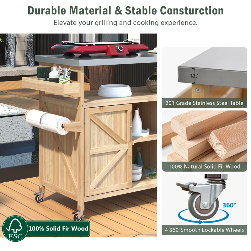 Outdoor Kitchen Island with Stainless Steel Top, Spice and Towel Rack, Rolling Bar Cart with Lockable Wheels, 50" L x 18.5" W x 36.5" H, Natural