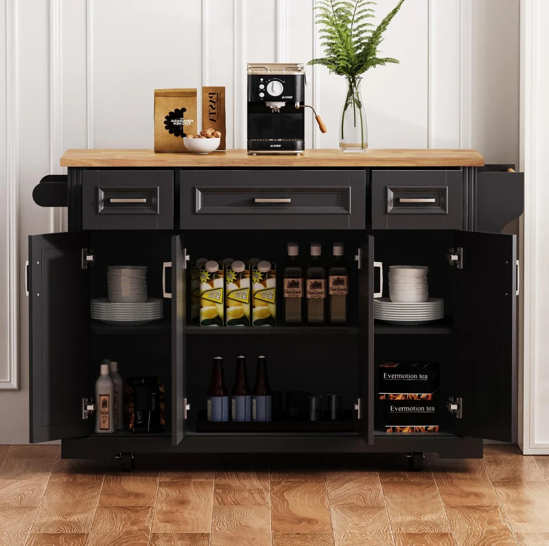 Kitchen Island Cart with Rubber Wood Drop Leaf, Embossed Texture, Rolling Cart with 4 Doors, 3 Drawers, Adjustable Shelves, Black