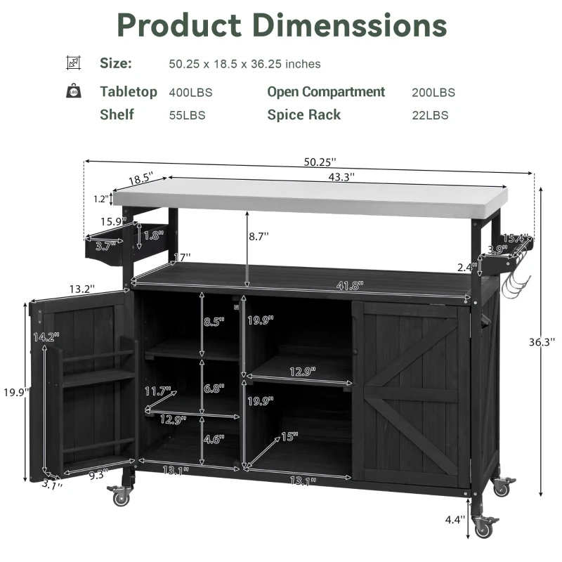 Outdoor Kitchen Island Cart, Rolling Bar Cart with Stainless Steel Top, Spice Rack, Towel Rack, Lockable Wheels, 50" L x 18.5" W x 36.5" H, Black