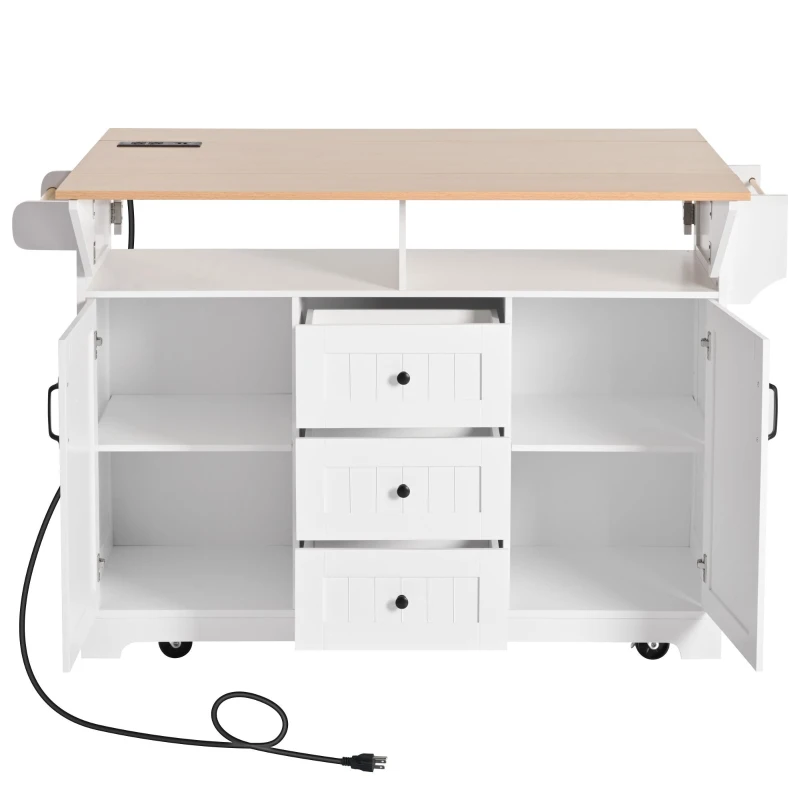 Kitchen Island Cart with Dual Drop Leaf, Power Outlet, Adjustable Shelves, Spice and Towel Rack, 3 Drawers, 56" L x 34" W x 36.5" H, White