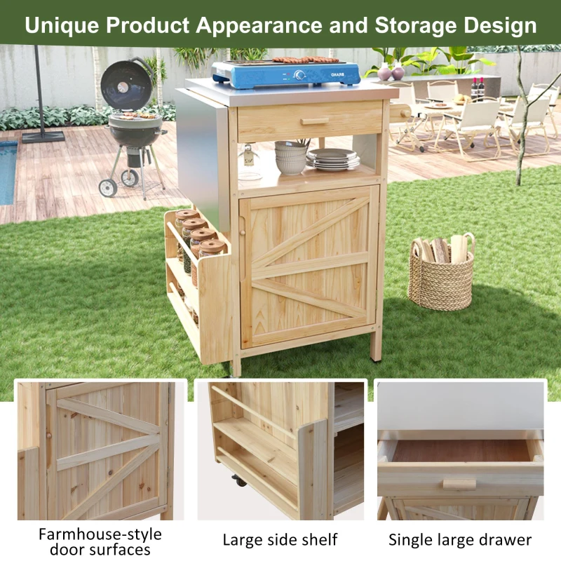 Outdoor Grill Cart with Stainless Steel Top, Storage Cabinet, Drop Leaf, Drawer, Towel Rack, Lockable Wheels, 40.5" L x 21" W x 36.3" H, Natural