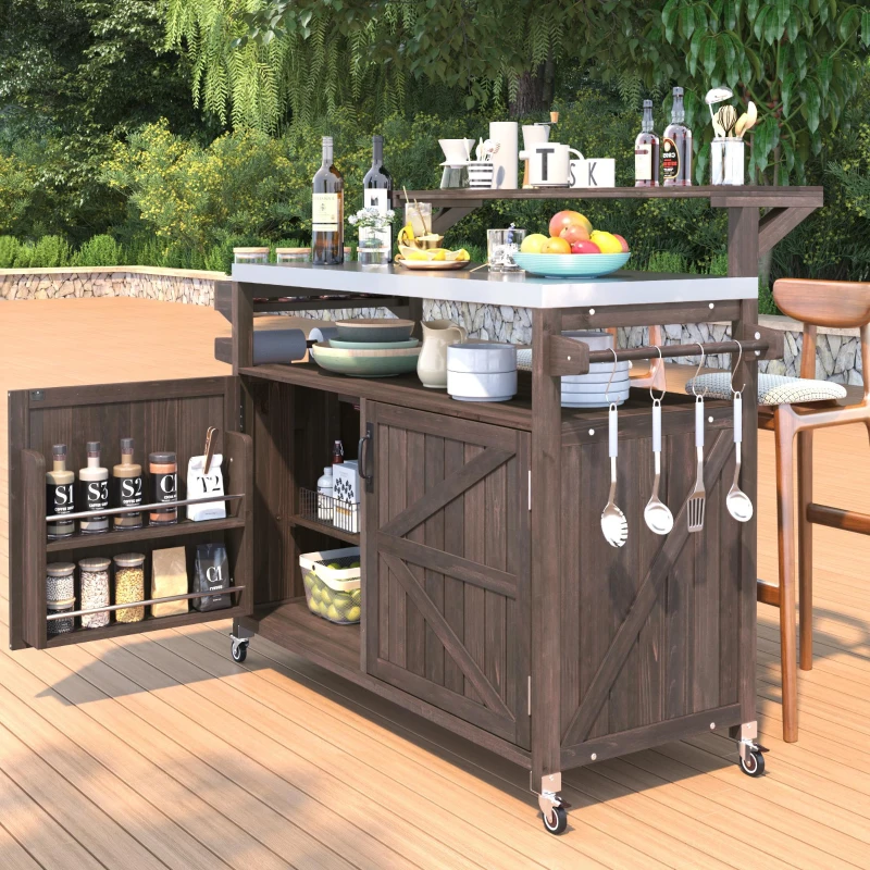 Outdoor Kitchen Island with Raised Shelf, Storage Cabinet, Stainless Steel Top, Rolling Grill Cart with Adjustable Shelves, Spice Rack, Brown