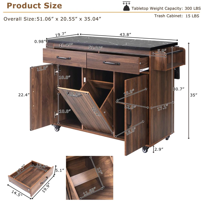 Kitchen Cart with Trash Can Storage, Drop Leaf, Spice and Towel Rack, Central Island with Rolling Wheels, 51" L x 31.5" W x 35" H, Walnut Brown