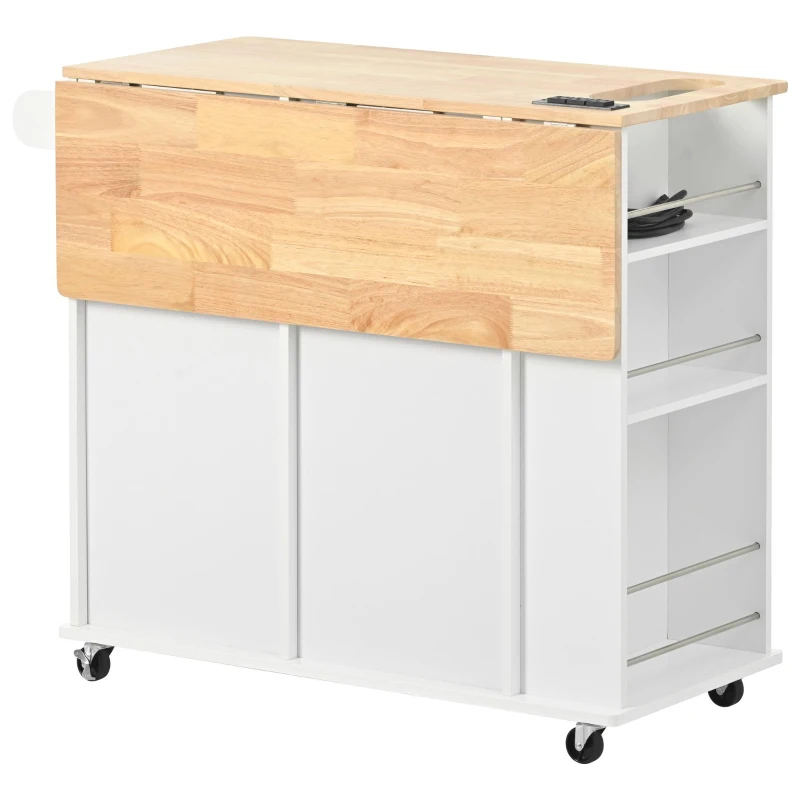 Kitchen Island with Power Outlet, Drop Leaf, Wine Rack, Adjustable Shelves, Utility Cart with Lockable Wheels, 40" L x 29.5" W x 34" H, White