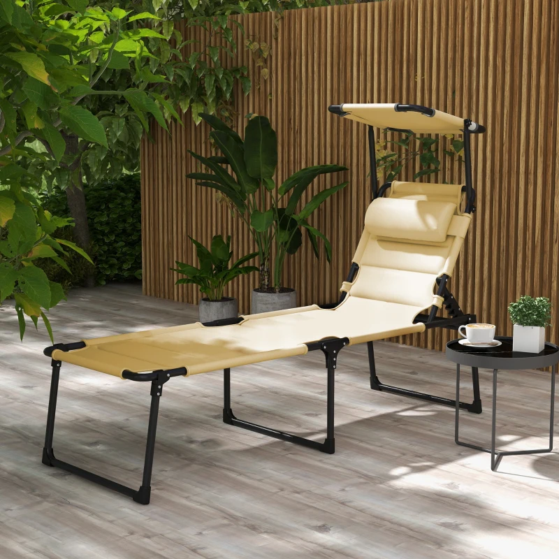 Outsunny Outdoor Lounge Chair, 4 Position Adjustable Backrest, Folding, Cushioned w/ Sun Shade Roof & Pillow, Cream White