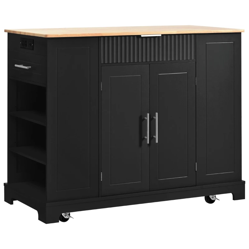 Fluted Kitchen Island with Trash Can Storage, Power Outlet, Internal Storage Rack, Rolling Design with 3 Drawers and Adjustable Shelves, Black