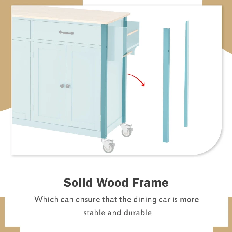 Kitchen Cart with 4-Door Cabinet, 2 Locking Wheels, Shelves and Racks, Cooking Island with Wood Top, 54.5" L x 18.5" W x 36" H, Mint Green