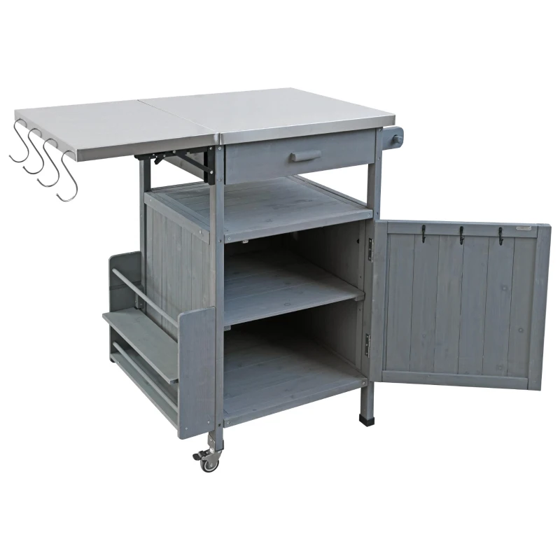Outdoor Grill Cart with Stainless Steel Top, Storage Cabinet, Drop Leaf, Drawer, Towel Rack, Lockable Wheels, 40.5" L x 21" W x 36.3" H, Blue+Grey