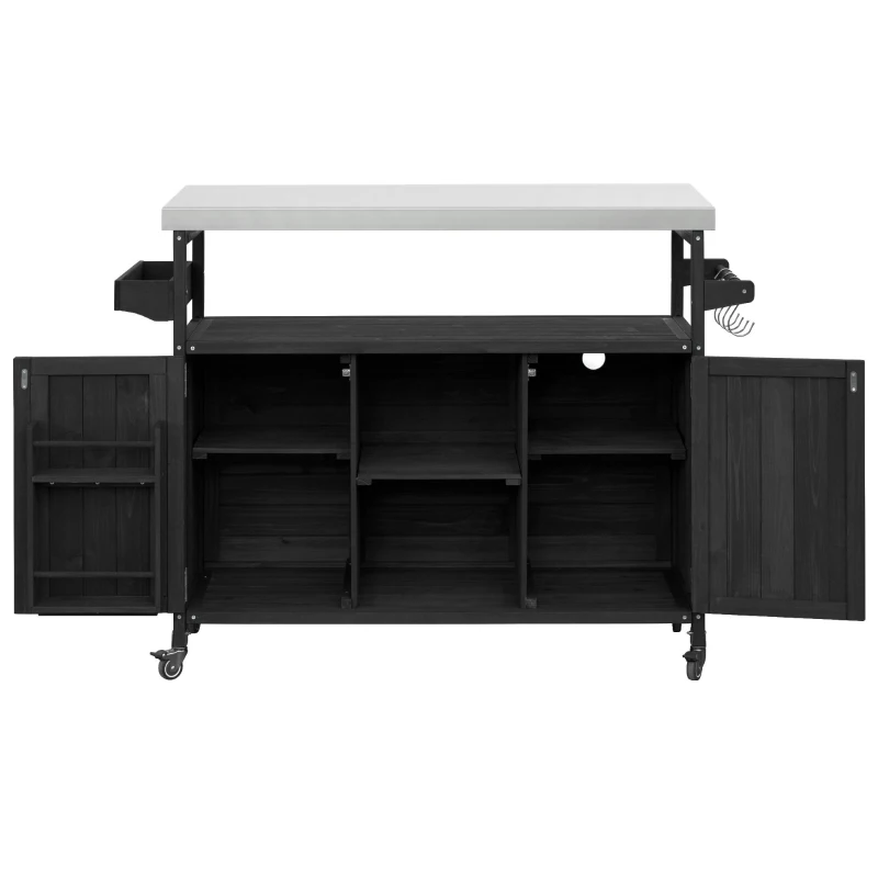Outdoor Kitchen Island Cart, Rolling Bar Cart with Stainless Steel Top, Spice Rack, Towel Rack, Lockable Wheels, 50" L x 18.5" W x 36.5" H, Black