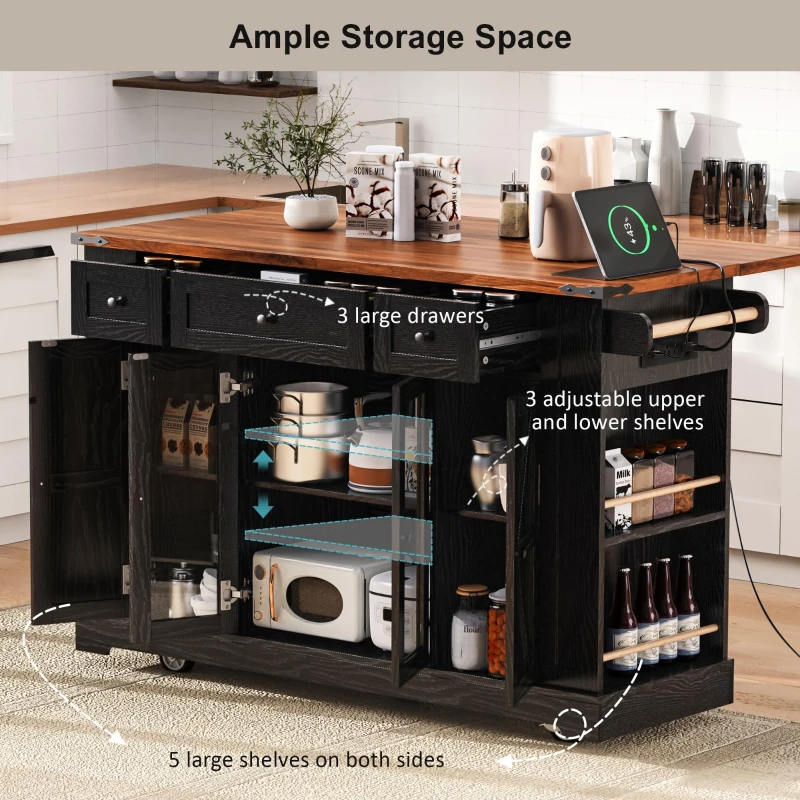 Farmhouse Kitchen Island with Tempered Glass Doors, Power Outlet, Rolling Cart with Drop Leaf, 5 Racks, 3 Drawers, 53" L x 29.5" W x 36" H, Black