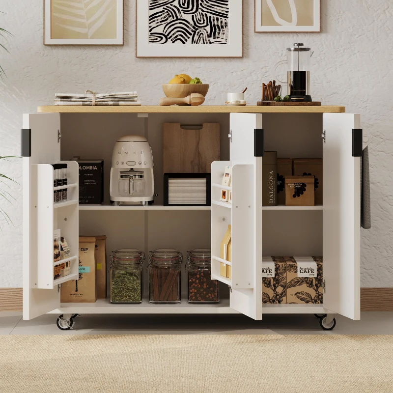 Fluted Kitchen Island with Drop Leaf, Internal Storage Rack, Rolling Kitchen Cart with Towel Rack, Adjustable Shelves, Smooth Curved Edge, White