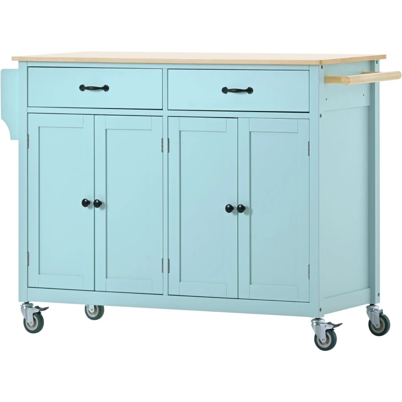 Kitchen Cart with 4-Door Cabinet, 2 Locking Wheels, Shelves and Racks, Cooking Island with Wood Top, 54.5" L x 18.5" W x 36" H, Mint Green