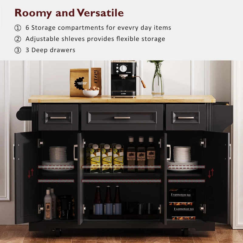 Kitchen Island Cart with Rubber Wood Drop Leaf, Embossed Texture, Rolling Cart with 4 Doors, 3 Drawers, Adjustable Shelves, Black