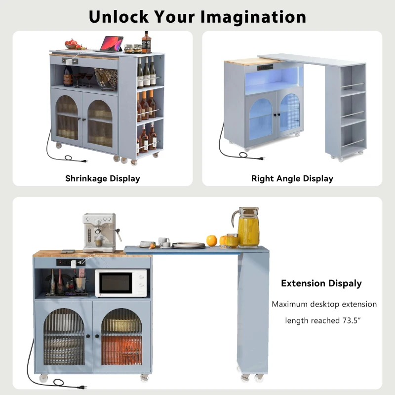Extended LED Kitchen Island with Power Outlets, Adjustable Shelves, Central Island with Fluted Glass Doors, 56.5" L x 33" W x 38" H, Slate Blue