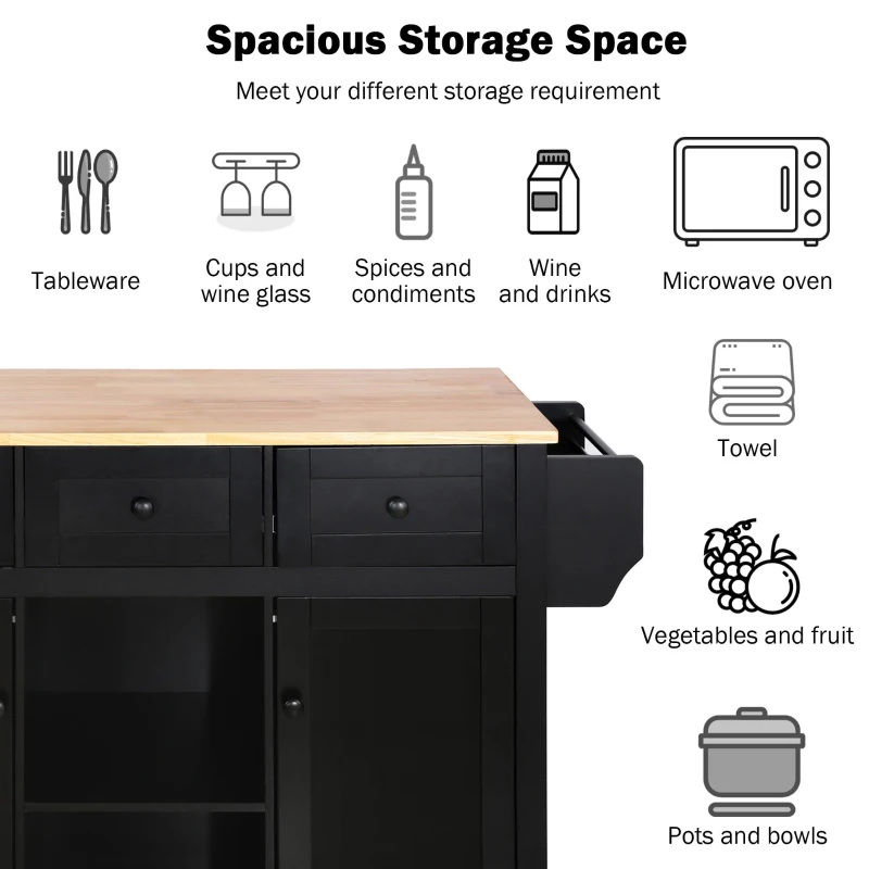 Kitchen Cart with 5 Wheels, 3 Drawers, Storage Cabinets, Central Island with Rubberwood Drop-Leaf Countertop, 53" L x 29.5" W x 37" H, Black(m-5)