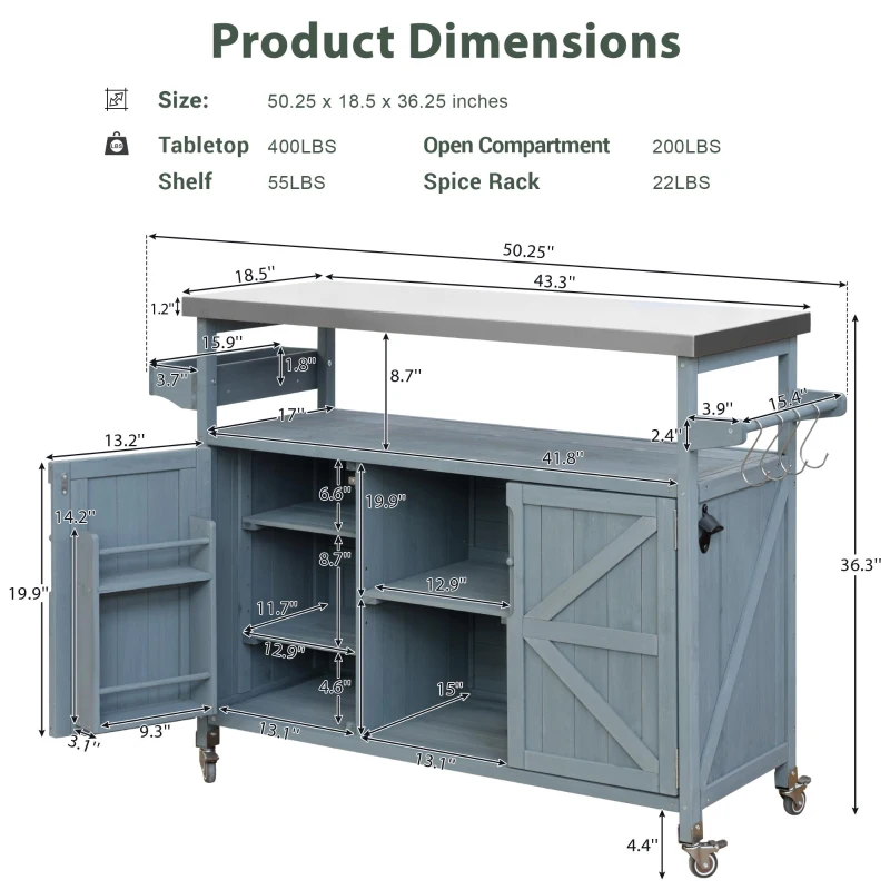 Outdoor Kitchen Island with Spice and Towel Rack, Lockable Wheels, Rolling Bar Cart with Stainless Steel Top, 50" L x 18.5" W x 36.5" H, Slate Blue