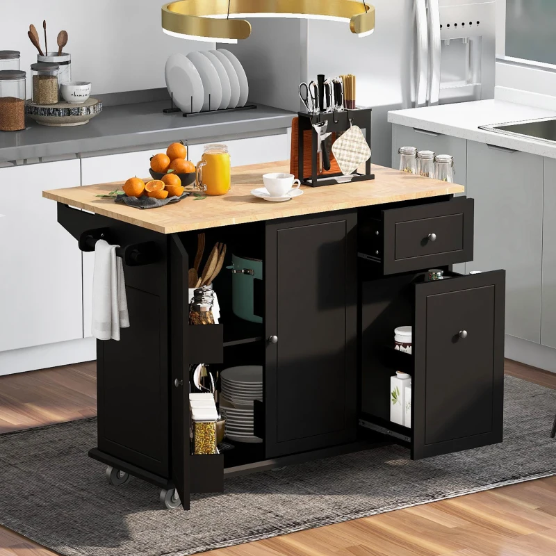 Kitchen Island with 3-Tier Pull-Out Cabinet Organizer, Wood Drop Leaf, Storage Racks, Rolling Cart on Wheels, 54" L x 29" W x 37" H, Black