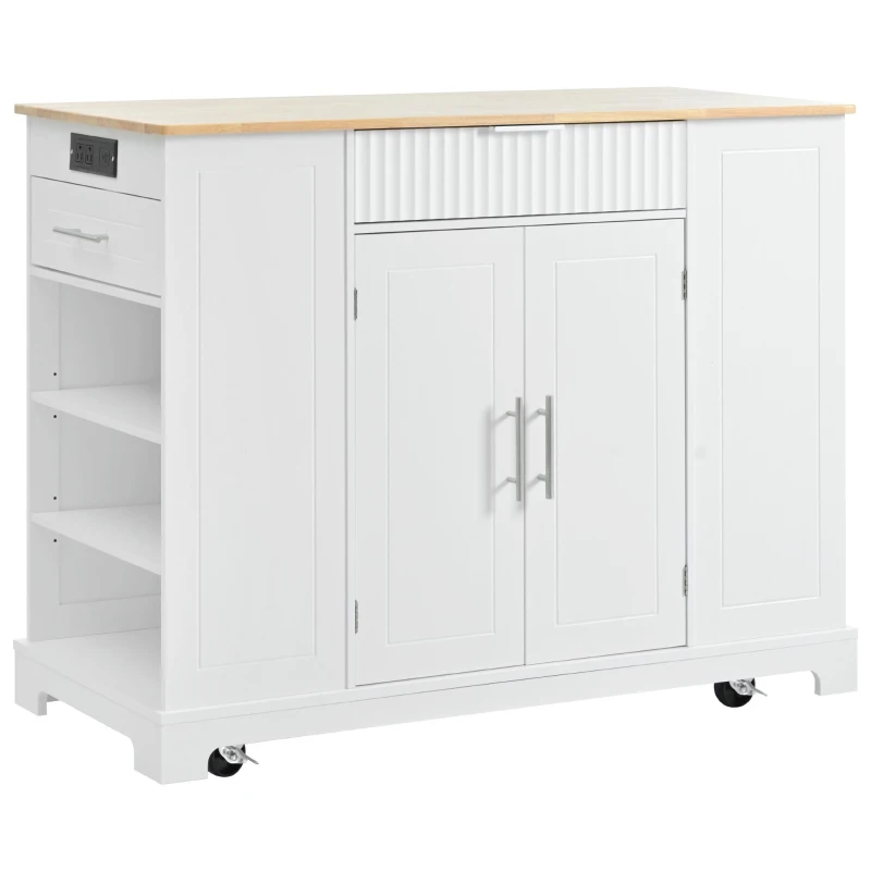 Fluted Kitchen Island with Trash Can Storage, Power Outlet, Internal Rack, Rolling Cart on 5 Wheels with 3 Drawers, 3 Open Side Racks, White