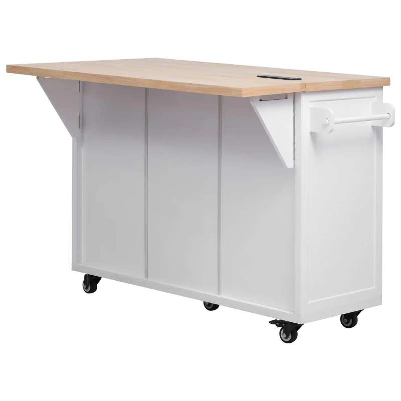Kitchen Island with Drop Leaf and Power Outlet, Rolling Cart on Wheels, 4 Doors, Adjustable Shelves, Perfect for Kitchen and Dining Room, White