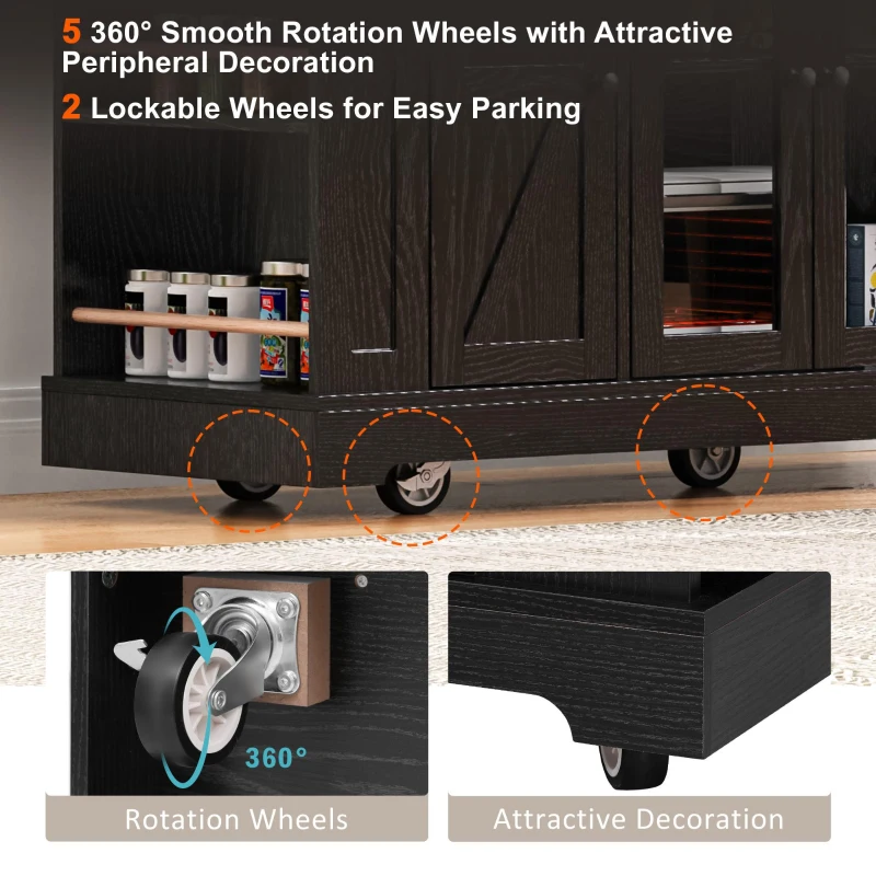 Farmhouse Kitchen Island with Tempered Glass Doors, Power Outlet, Rolling Cart with Drop Leaf, 5 Racks, 3 Drawers, 53" L x 29.5" W x 36" H, Black
