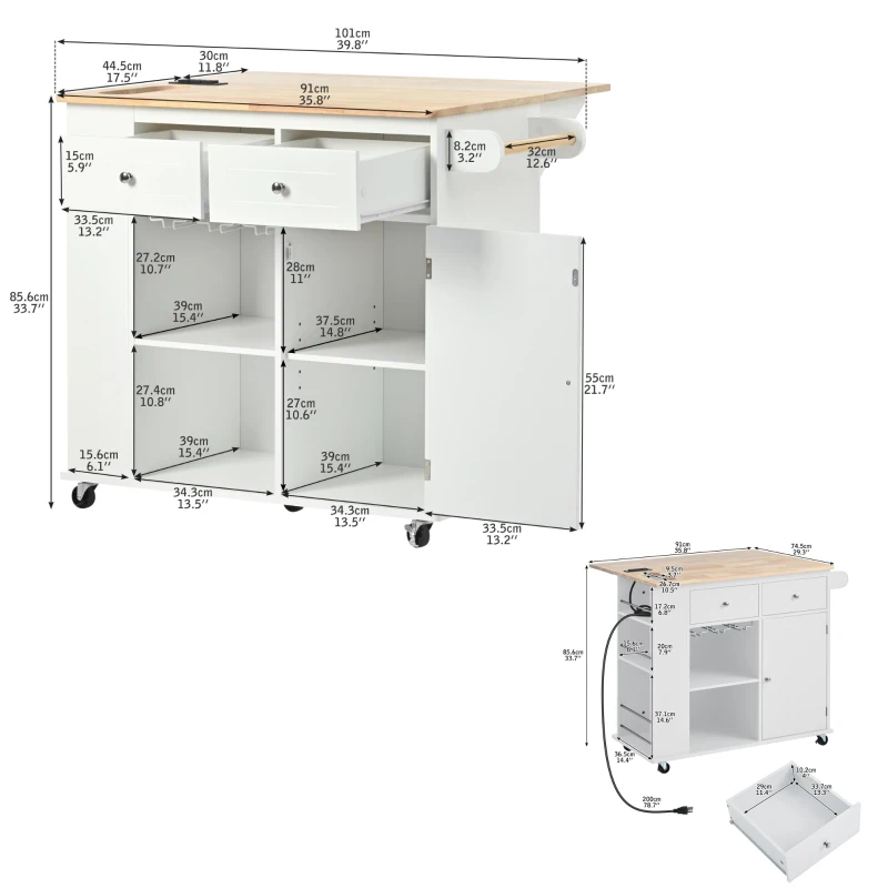 Kitchen Island with Power Outlet, Drop Leaf, Wine Rack, Adjustable Shelves, Utility Cart with Lockable Wheels, 40" L x 29.5" W x 34" H, White
