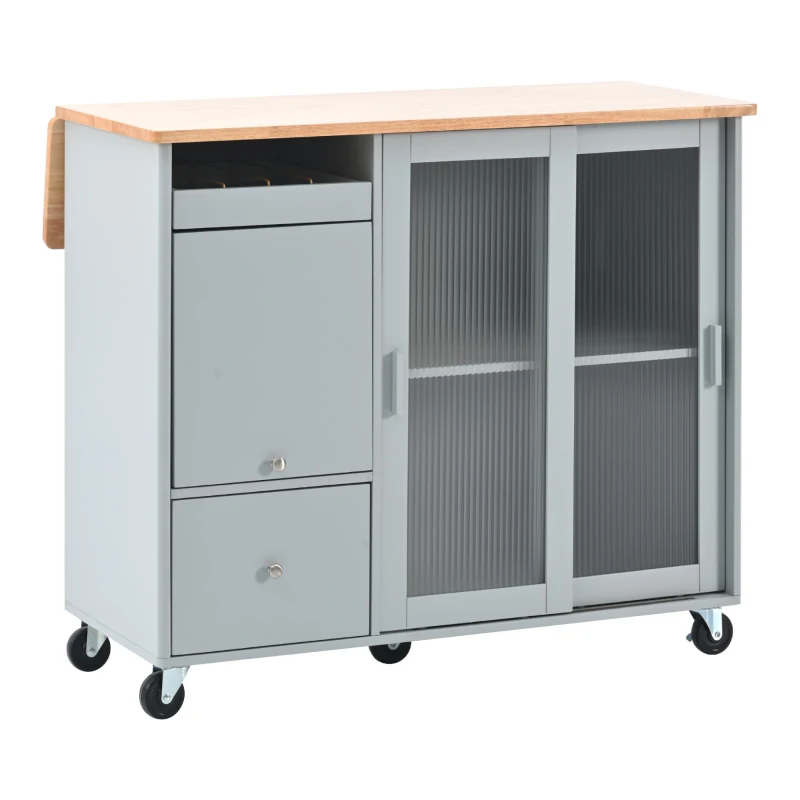 Kitchen Island with Wood Drop Leaf, LED Light, Fluted Glass Doors, Adjustable Shelf, Utility Cart with Rolling Wheels, 44" L x 27" W x 37" H, Blue