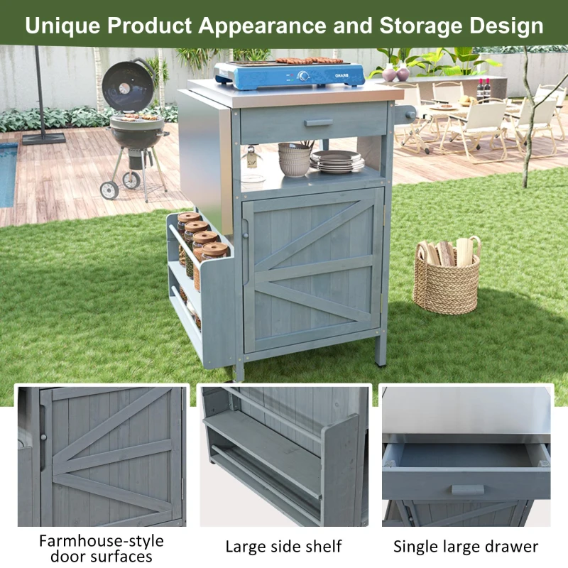 Outdoor Grill Cart with Stainless Steel Top, Storage Cabinet, Drop Leaf, Drawer, Towel Rack, Lockable Wheels, 40.5" L x 21" W x 36.3" H, Blue+Grey